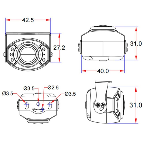 Rozmery 4PIN širouhlej kamery s IR prisvietením