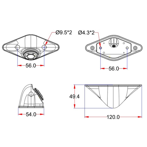 Rozmery čiernej 4PIN kamery s IR prisvietením