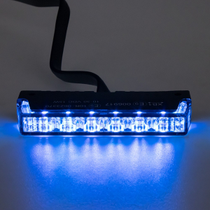 Modrý LED predátor 12/24V - 12x 3W / 20 režimov výstražného blikania / ECE R65 / Do mriežky chladiča (90 mm x 13 mm x 33 mm)