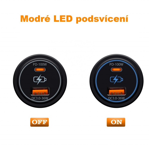 Podsvietenie 12/24V nabíjačky USB QC3.0 + USB-C 100W/20V