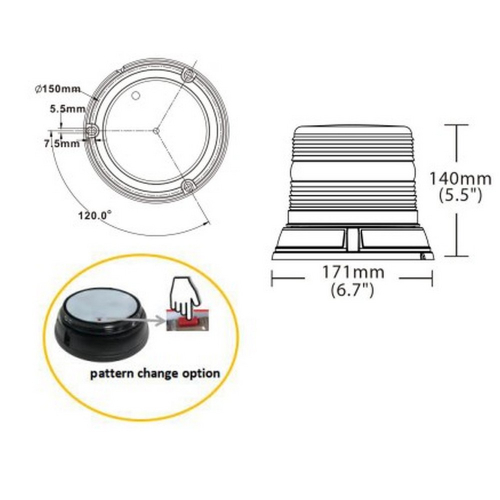 Rozmery 12/24V červeného 48x LED majáka na pevnú montáž