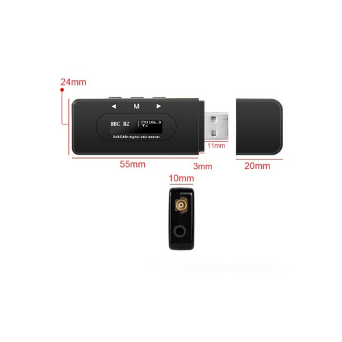 Rozmery DAB prijímača cez FM modulátor / AUX výstup, napájanie USB-A