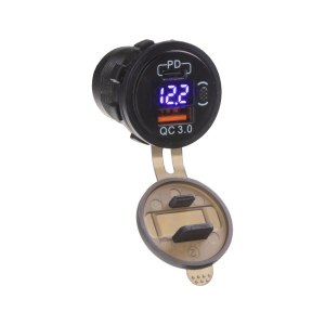 USB QC3.0 nabíjačka s USB-C nabíjačkou a voltmetrom 12V - modrý LED displej