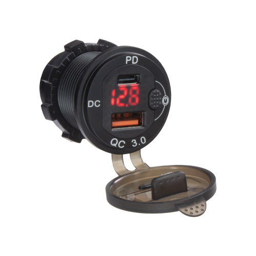 USB nabíjačka QC3.0 + USB-C, digitálny voltmeter, hliníková do panelu, 12/24V