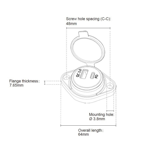 Rozmery 12/24V povrchovej USB QC3.0+USB-C zásuvky so zeleným pdosvietením