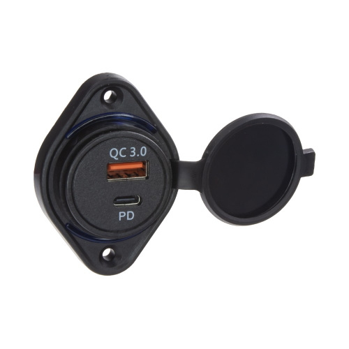 USB QC3.0 + USB-C zásuvka 12/24V, montáž na povrch, modré podsvietenie