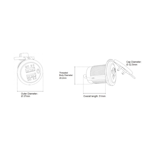 Rozmery 12/24V dvojitej USB QC3.0 nabíjačky s bielym podsvietením