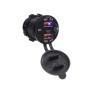 USB zásuvka 12V / 24V - 2x USB QC3.0 + USB-C / hliníková / modré podsvietenie