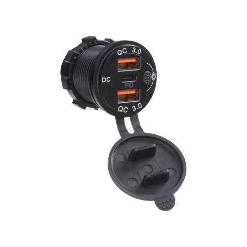 Použitie hliníkovej 12/24V vodeodolnej 2x USB QC3.0 a USBC nabíjačky s modrým podsvietením