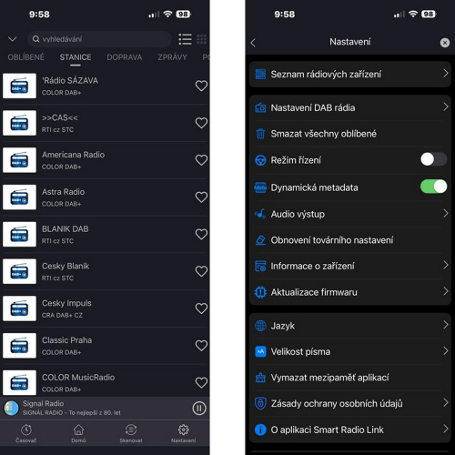 Nastavení FM + DAB přijímač do auta ovládaným chytrým telefonem