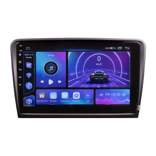 Domovská obrazovka Android autorádia pre Škoda Superb s hudbou a navigáciou