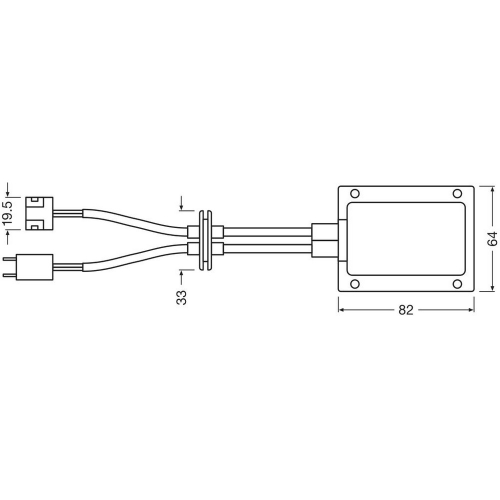 Technický nákres OSRAM Smart CAN-Bus H7 s rozmermi modulu a kabeláže
