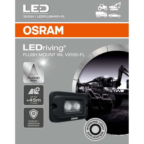Balenie OSRAM LEDriving Flush Mount WL VX100-FL, pracovné LED svetlo so širokým flood kužeľom a dosahom svetla až 45 m