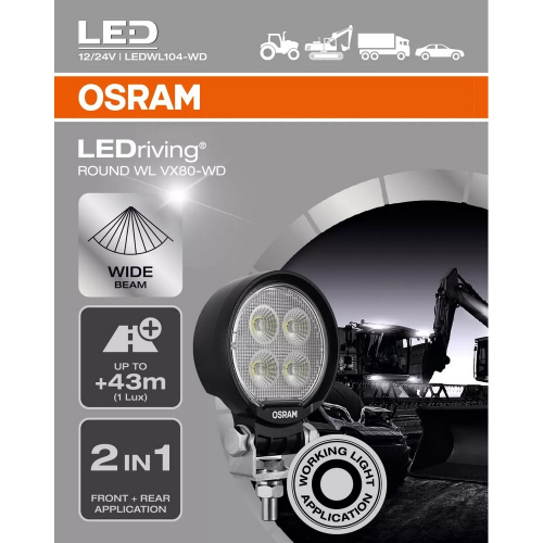 Balenie pracovného LED svetla OSRAM LEDriving Round WL VX80-WD so širokým svetelným kužeľom a dosahom 43 m