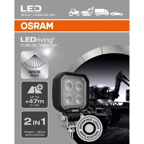 Balenie OSRAM Pracovného LED svetla LEDriving Cube WL VX80-WD so širokým svetelným kužeľom a dosahom 47 m