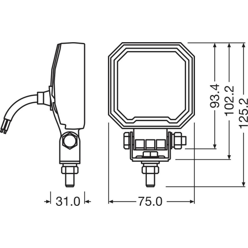 Technický výkres OSRAM Pracovného LED svetla LEDriving Cube WL VX80-WD s rozmermi pre montáž