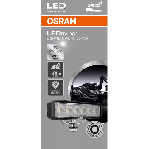 Obal pracovného LED svetla OSRAM LEDriving Lightbar WL VX150-WD s hlavnými vlastnosťami
