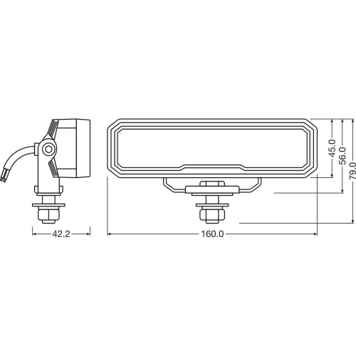 Technický nákres rozmerov pracovného LED svetla OSRAM LEDriving Lightbar WL VX150-WD