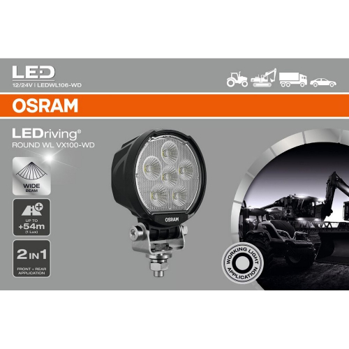 OSRAM LEDriving Round WL VX100-WD na obale s hlavnými vlastnosťami pracovného svetla