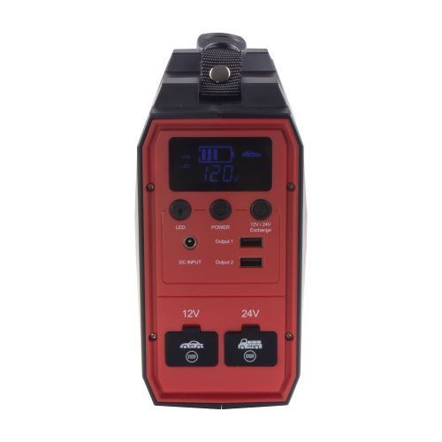 Predný panel štartovacieho zdroja CARCLEVER s displejom, USB portmi a prepínaním medzi 12 V a 24 V