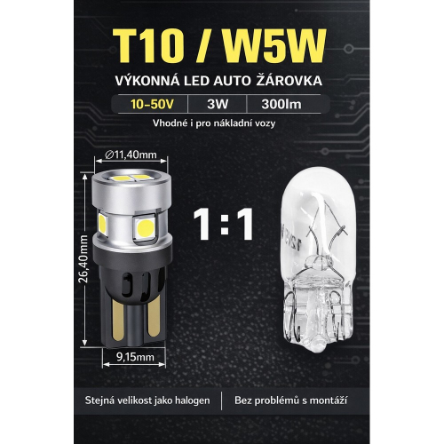 LED žiarovka T10 W5W 1:1 v porovnaní s halogénovou žiarovkou