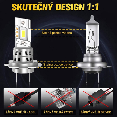 LED autožiarovka H7 GC-7035 porovnanie rozmerov s halogénovou žiarovkou dizajn 1:1 bez externého kábla bez externého drivera