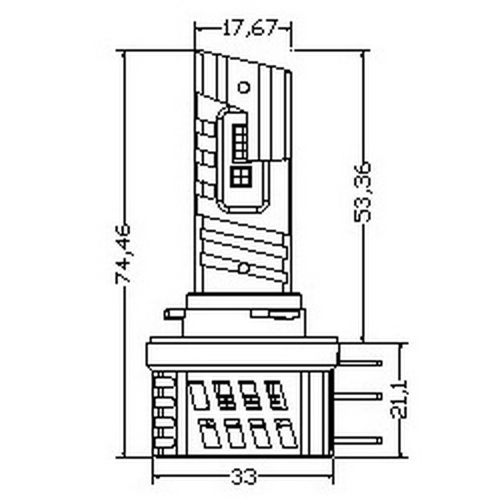 LED autožiarovka H15 technický nákres rozmery ø 17,67 mm dĺžka 74,46 mm šírka 33 mm