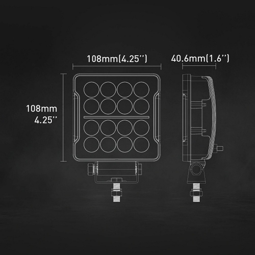 Pracovné LED svetlo 20 W s pozičným svetlom technický výkres rozmery 108 × 108 × 40,6 mm
