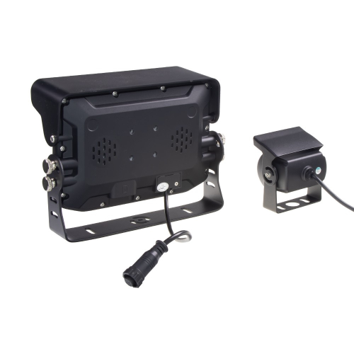 AHD kamerový systém – zadná strana monitora s 4-PIN konektorom a kamera zboku