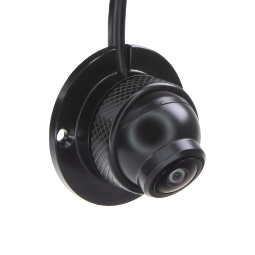 AHD kruhová mini kamera – bočný pohľad, guľatý otočný objektív, kruhová montážna základňa s káblom