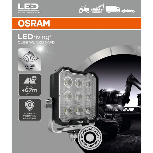 OSRAM LEDriving Cube VX125-WD – obal s popisom širokouhlého lúča, dosah 67 m, odolnosť voči vibráciám