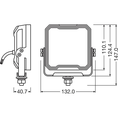 OSRAM LEDriving Cube VX125-WD – technický výkres s rozmermi 132 × 147 mm, hĺbka 40,7 mm