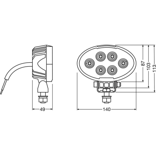 Technické rozmery OSRAM LEDriving Oval VX150-WD – 140 × 113 × 49 mm, bočný a čelný nákres