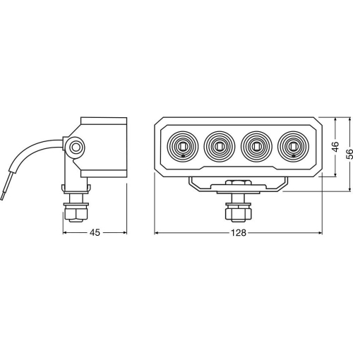 Technické rozmery OSRAM LEDriving Lightbar VX125-WD – 128 × 56 × 45 mm, bočný a čelný nákres