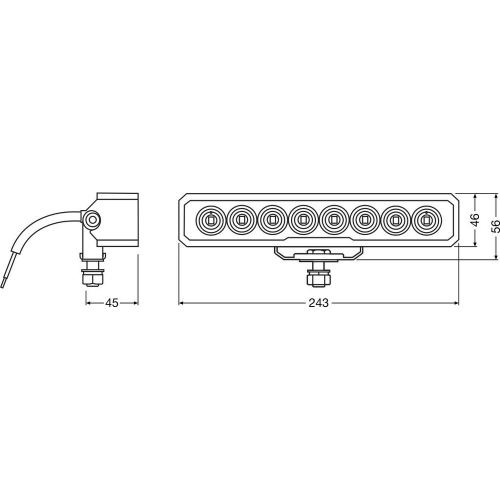 Technické rozmery OSRAM LEDriving Lightbar VX250-WD – 243 × 56 × 45 mm, bočný a čelný nákres