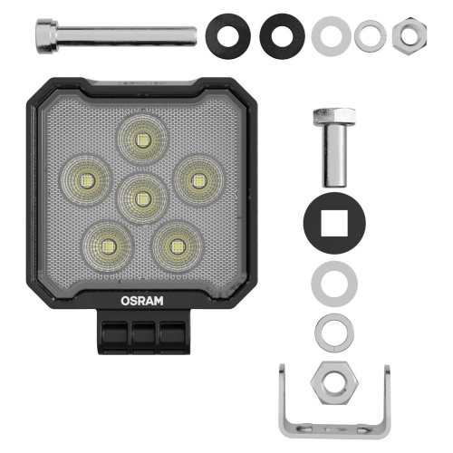 Kompletný montážny kit OSRAM LEDriving Cube VX100-WD – svetlomet so 7 LED diódami, U-konzola, skrutka, matice, kovové a gumové podložky