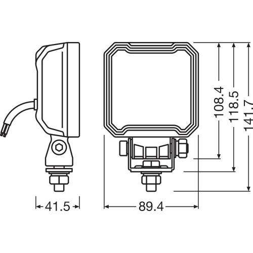 Technické rozmery OSRAM LEDriving Cube VX100-WD – 89,4 × 141,7 mm, bočný a čelný nákres