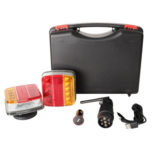 Kompletná sada bezdrôtových zadných LED svetiel v prepravnom kufríku s vysielačom, 7-pin zástrčkou a USB nabíjačkou