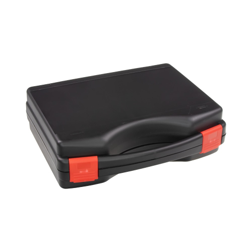 Zatvorený čierny prepravný kufrík s červenými úchytmi na bezdrôtové zadné LED lampy