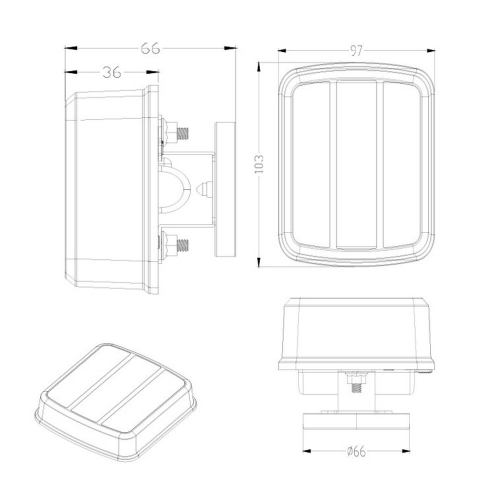 Technický výkres bezdrôtovej zadnej LED lampy s rozmermi 97 × 103 mm a magnetickou základňou s priemerom 66 mm