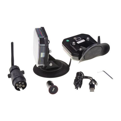 Zadná LED lampa otočená spodnou stranou s viditeľným USB-C konektorom a anténou, vedľa vysielača 7-pin, nabíjačky a kábla