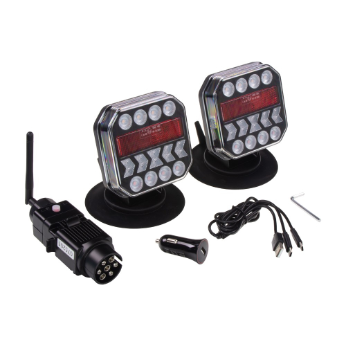 Dve bezdrôtové zadné LED lampy s dynamickým smerovým svetlom na magnetickom podstavci, vedľa Can-Bus vysielača 7-pin, nabíjačky a nabíjacieho kábla