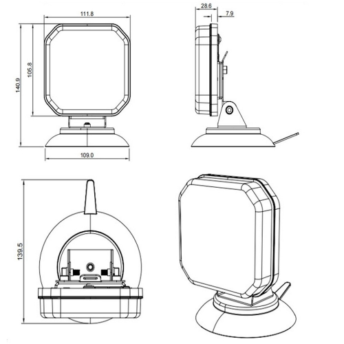 Technický výkres bezdrôtovej zadnej LED lampy s rozmermi 111,8 × 140,9 mm a magnetickou základňou so šírkou 109 mm