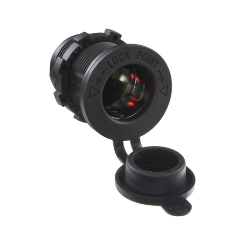 CL zásuvka do panelu s červeným podsvietením a gumovou krytkou – pohľad spredu