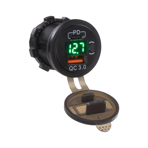 USB nabíjačka do panelu QC 3.0 + USB-C s aktívnym zeleným LED voltmetrom 12,7 V a otvorenou krytkou