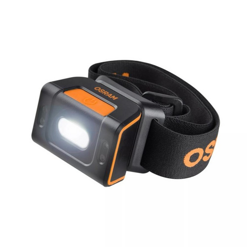 Čelovka OSRAM LEDinspect HEADTORCH 250 – trojštvrťový pohľad so aktívnym bielym svetlom