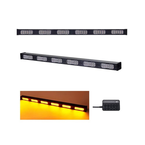 LED výstražná alej oranžová 927 mm – čelný pohľad zhasnutá, bočný pohľad zhasnutá, detail rozsvietená oranžová, ovládač