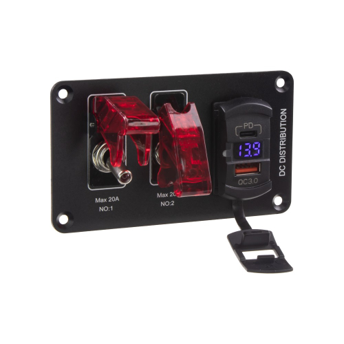 Prepínačový panel 2× spínač USB QC3.0 USB-C PD voltmeter 12V 24V – bočný pohľad, červené kryty spínačov, modrý LED displej