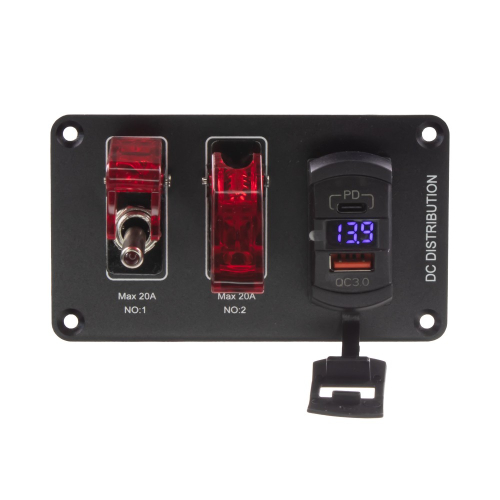 Prepínačový panel 2× spínač USB QC3.0 USB-C PD voltmeter 12V 24V – čelný pohľad, spínače Max 20A, displej 13,9 V