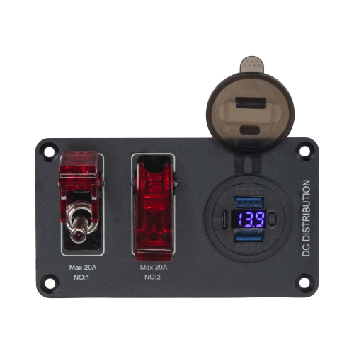 Prepínačový panel 2× spínač 2× USB QC3.0 USB-C PD voltmeter 12V – čelný pohľad, spínače Max 20A, displej 13,9 V, samostatná USB-C zásuvka